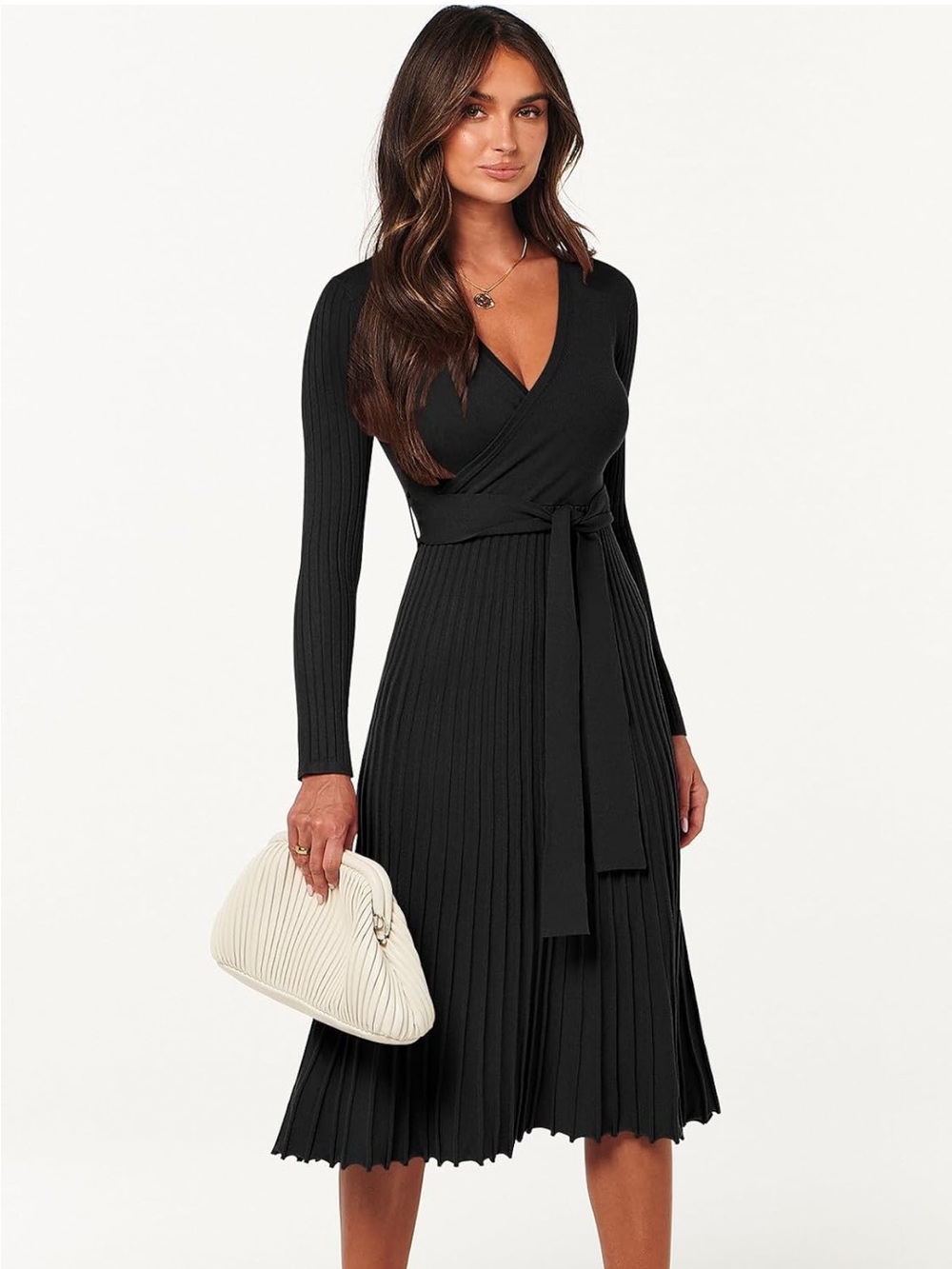 Amazon Black Rib-Knit Wrap Midi Dress